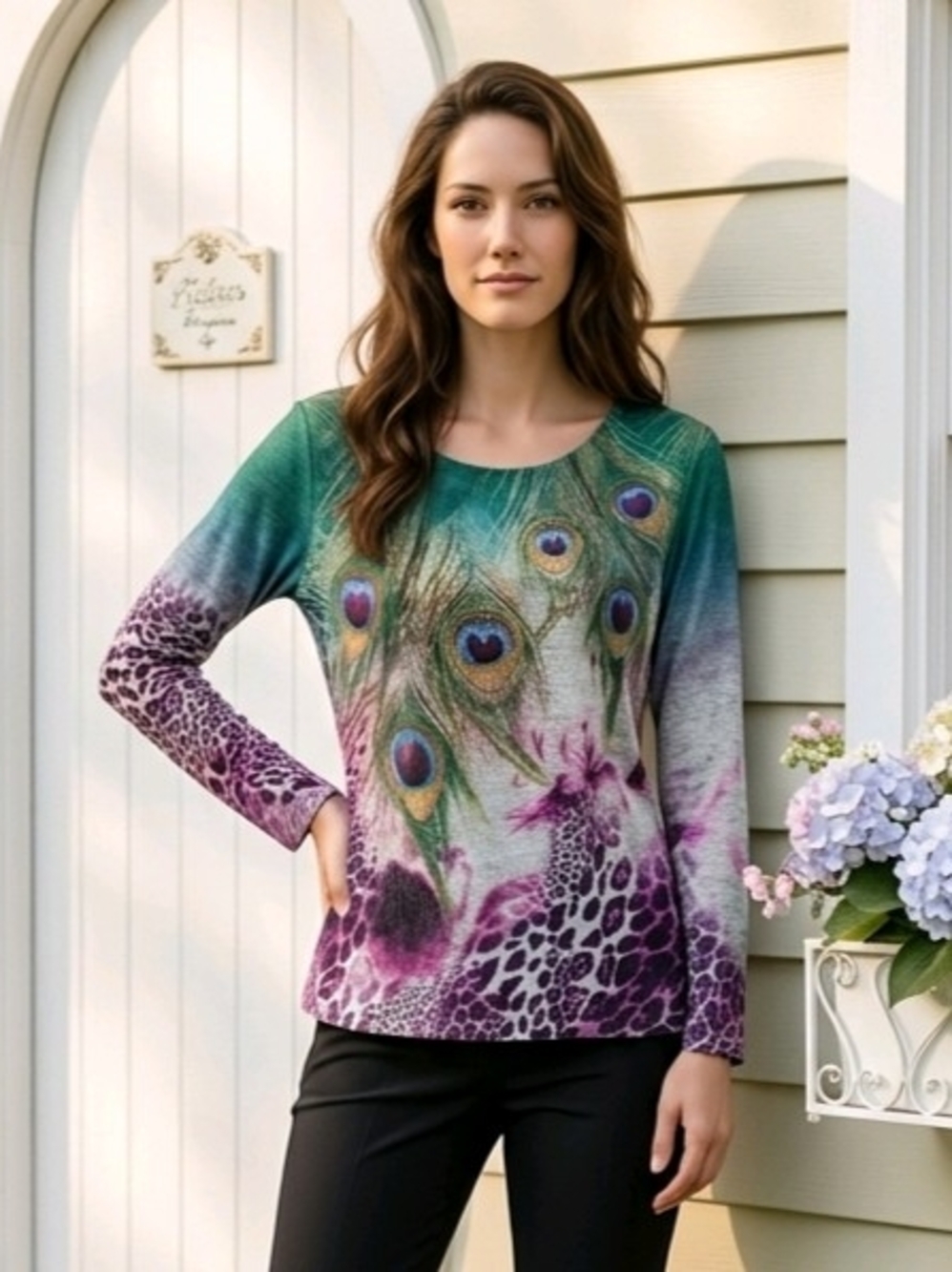 New Directions Blouse Vibrant, Mixed-print Design Natural/Wildlife Elements L